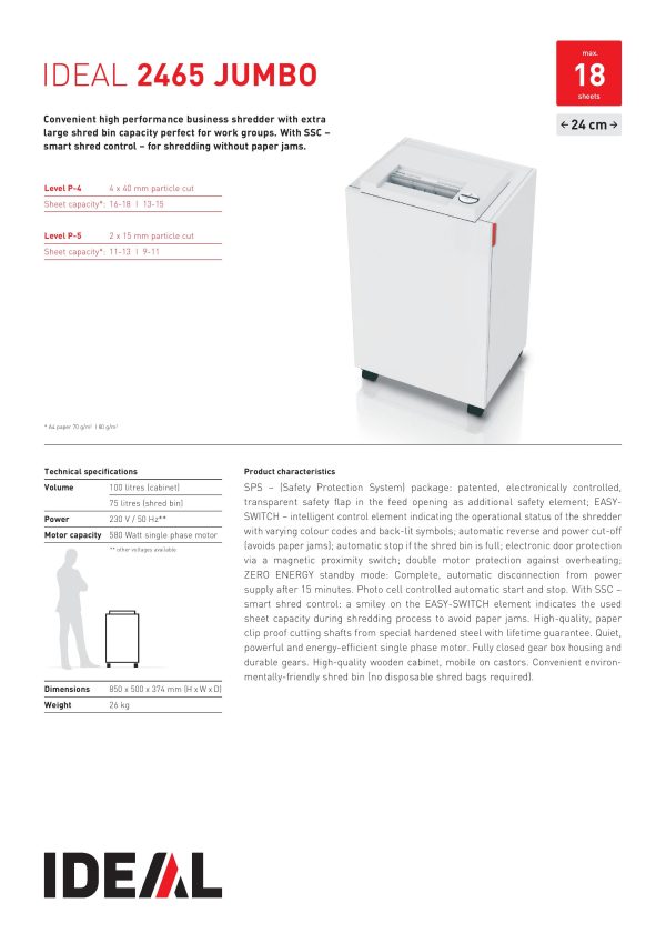IDEAL Heavy Duty Paper Shredder Machine 2465 JUMBO (Straight Cut 4mm) - Image 2