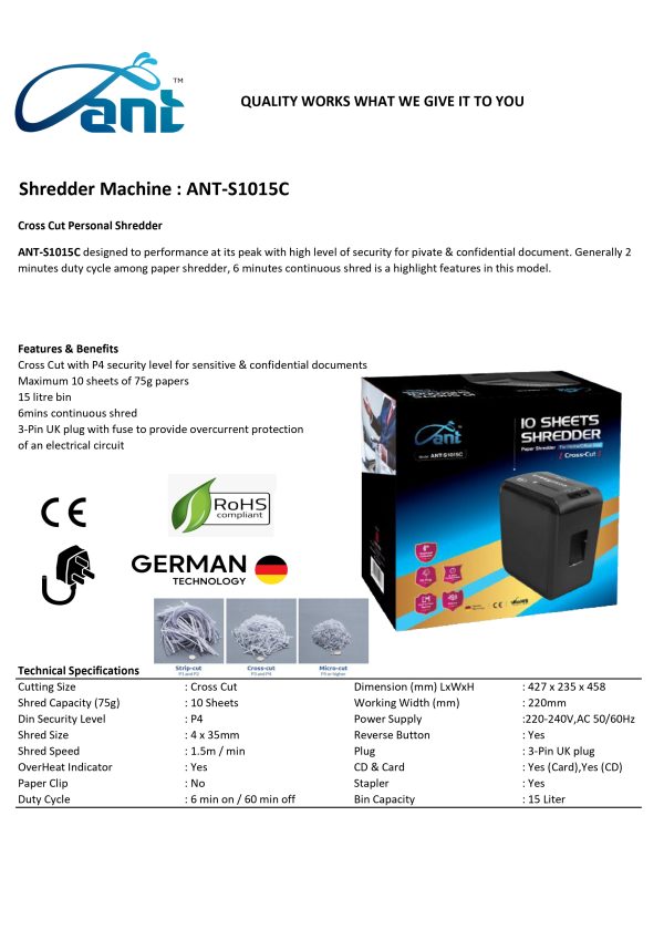 ANT Paper Shredder Machine ANT-S1015C - Image 2
