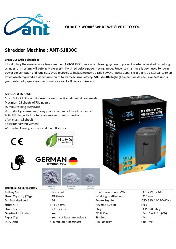 ANT Paper Shredder Machine ANT-S1830C - Image 3