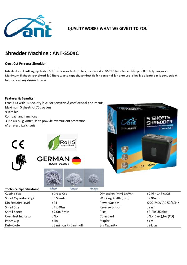 ANT Paper Shredder Machine ANT-S509C - Image 2