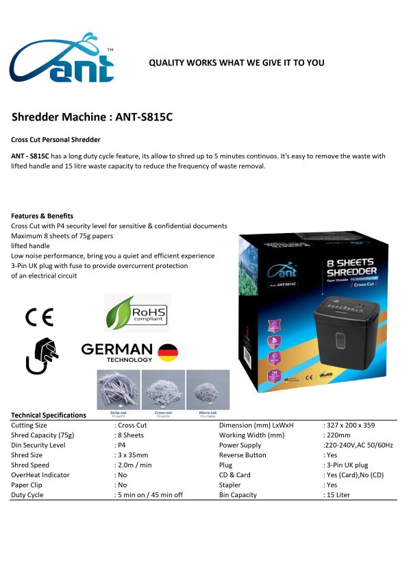 ANT Paper Shredder Machine ANT-S815C - Image 2