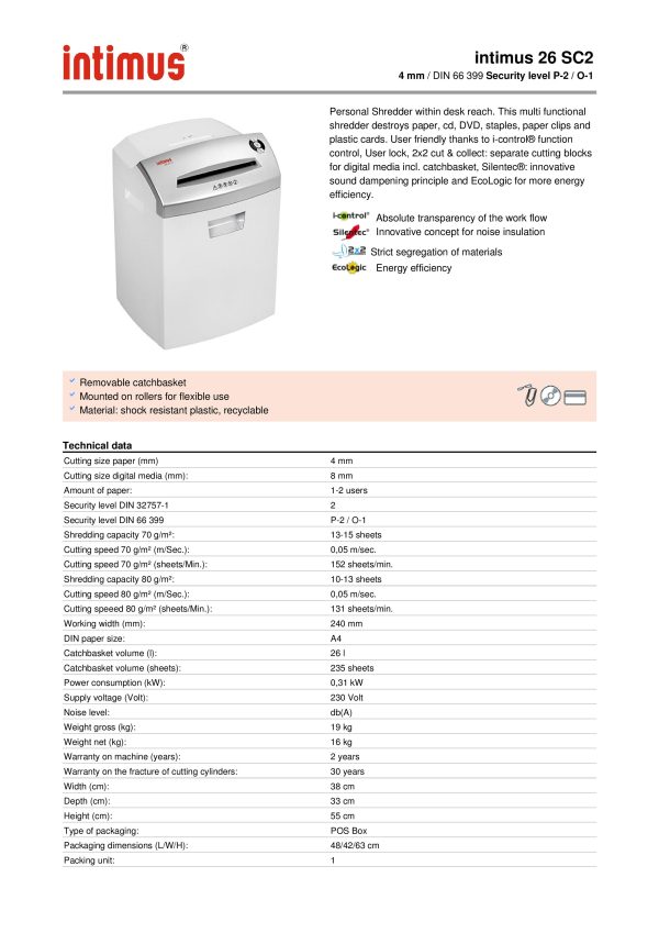 INTIMUS Paper Shredder Machine 26SC2 - Image 2