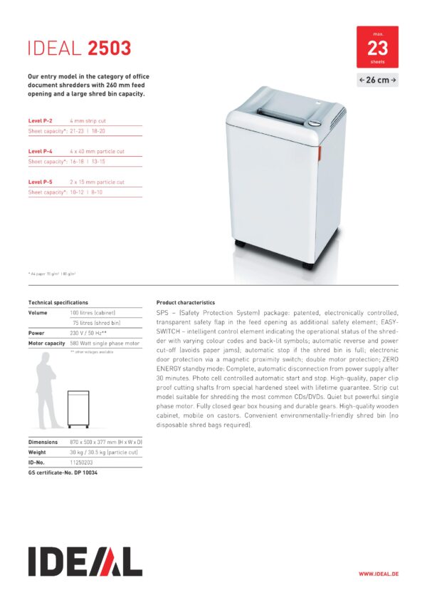 IDEAL Document Paper Shredder Machine 2503 (Straight Cut 4mm) - Image 6