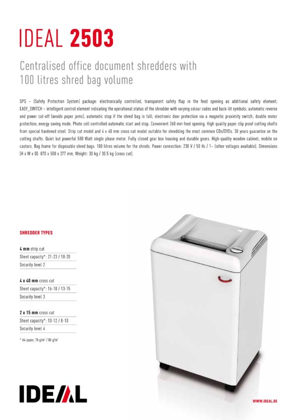 IDEAL Document Paper Shredder Machine 2503 (Straight Cut 4mm) - Image 5