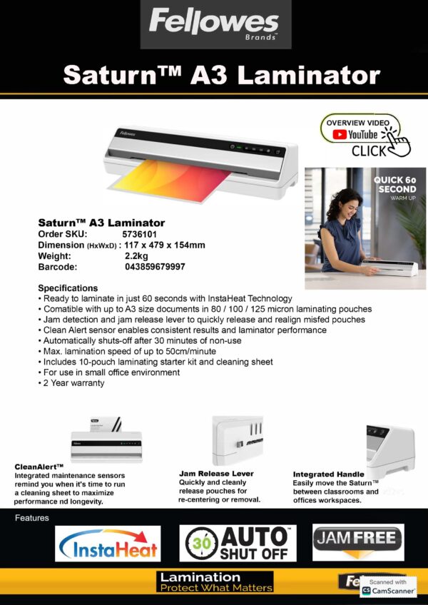 FELLOWES Laminating Machine Saturn A3 (LX) - Image 2