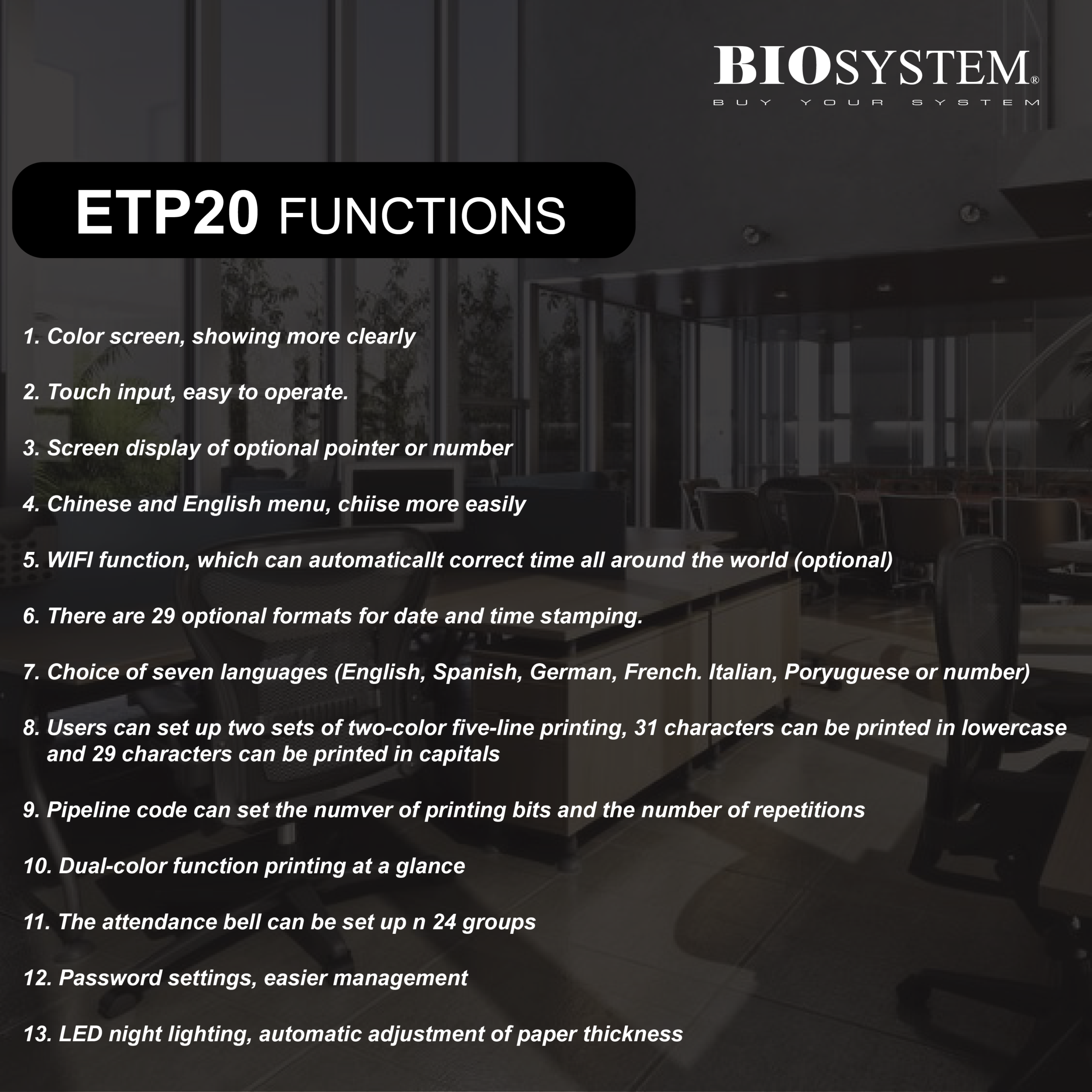 BIOSYSTEM Time & Date Stamping Printer Machine ETP20 (Big Color Screen) - Image 3