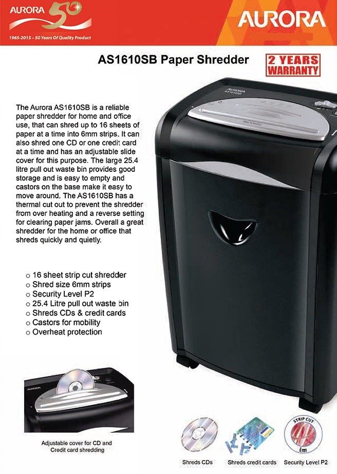AURORA Paper Shredder Machine AS1610SB (Strip-cut 6mm) - Image 3